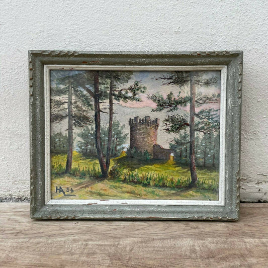 VINTAGE FRENCH ART watercolor landscape painting castle tower 15022120 - Fleamarketfrance