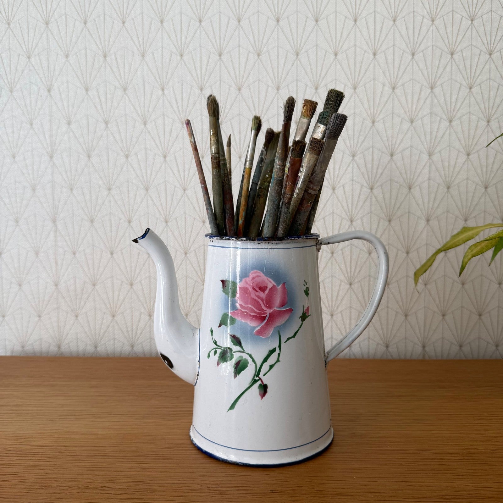 Vintage French Enamel Coffee Pot Rose Decor White Blue Trim 0708267 Fleamarketfrance