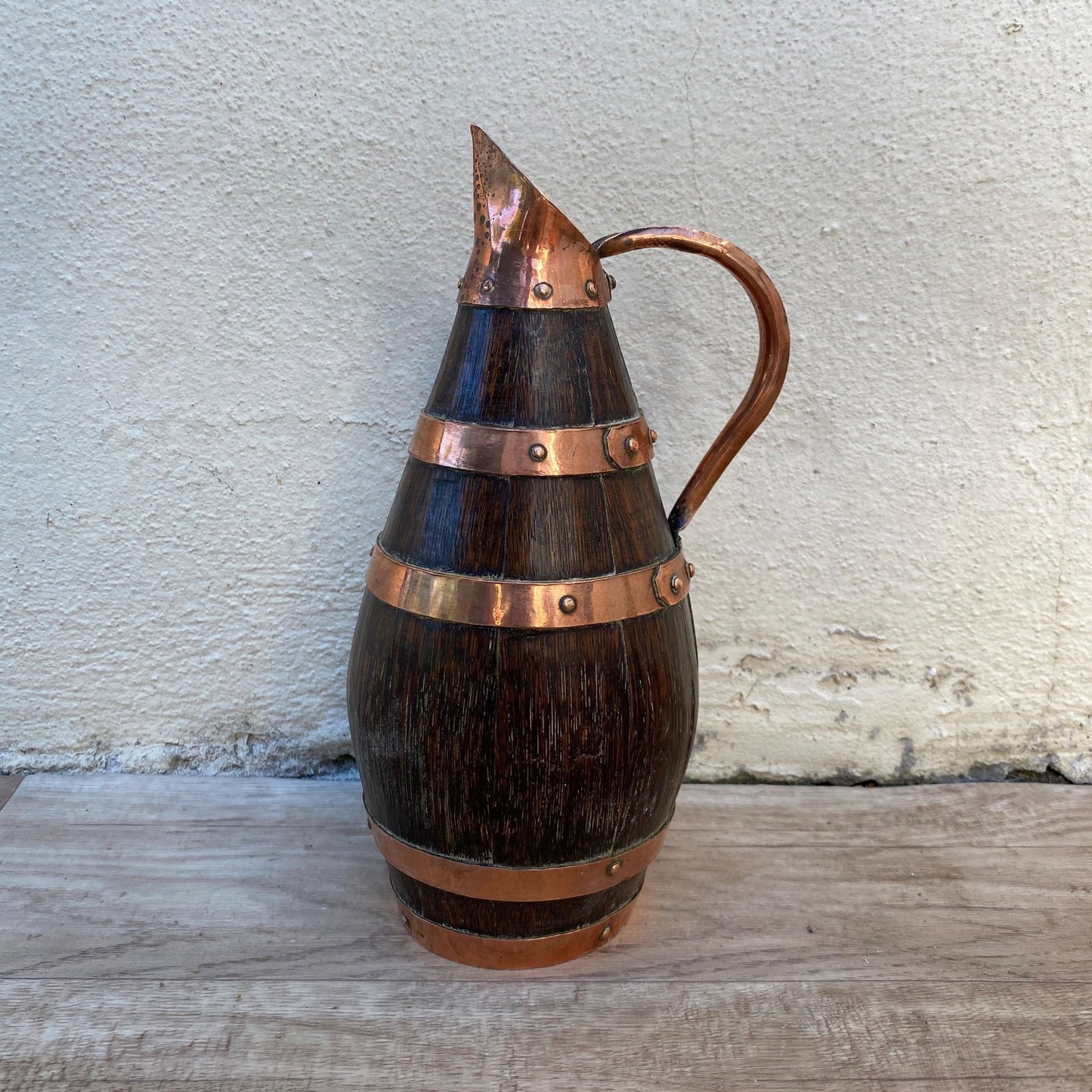 Antique French Oak Staved Wood Wine Pitcher Copper Bands Cider Jug 07072611 Fleamarketfrance