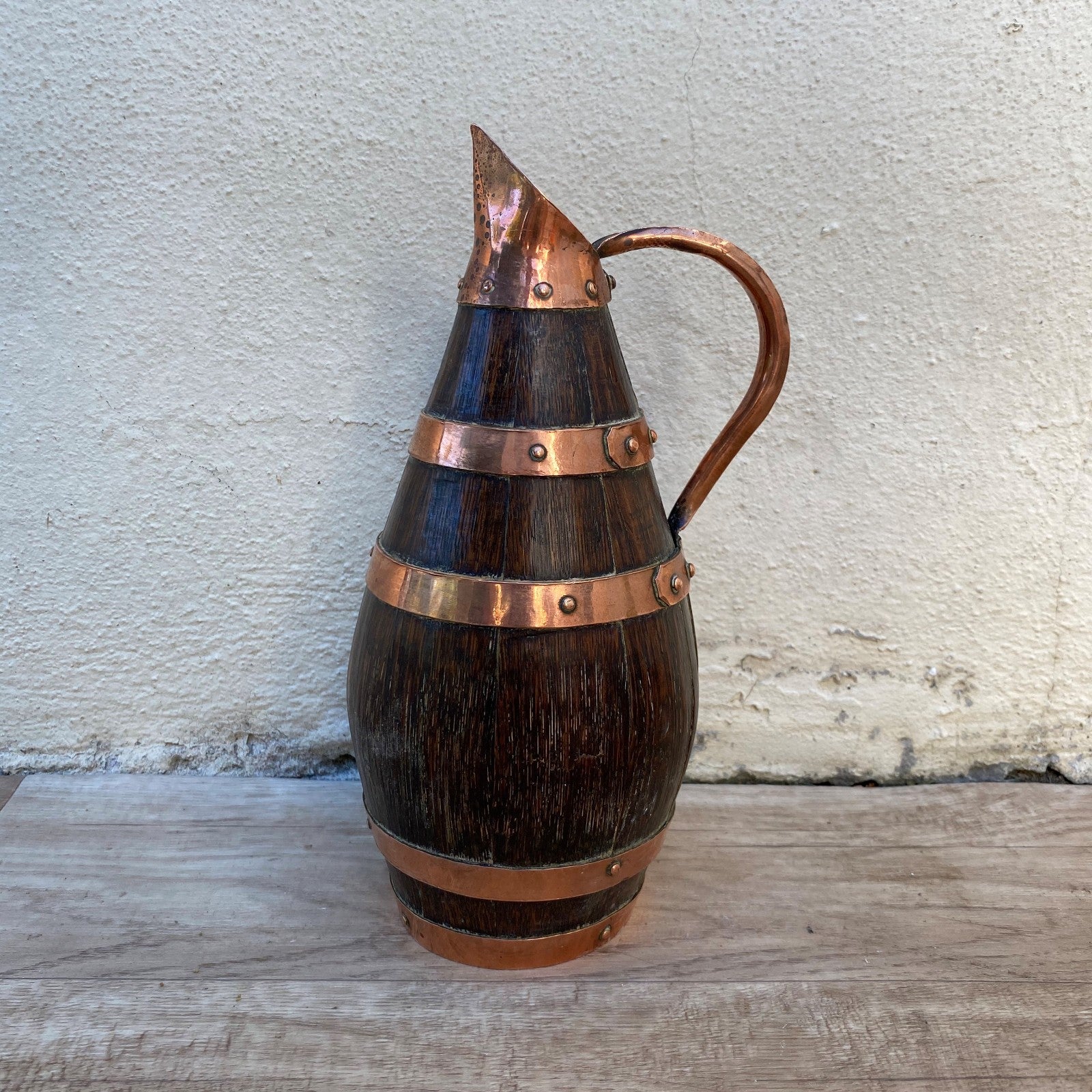 Antique French Oak Staved Wood Wine Pitcher Copper Bands Cider Jug 07072611 Fleamarketfrance