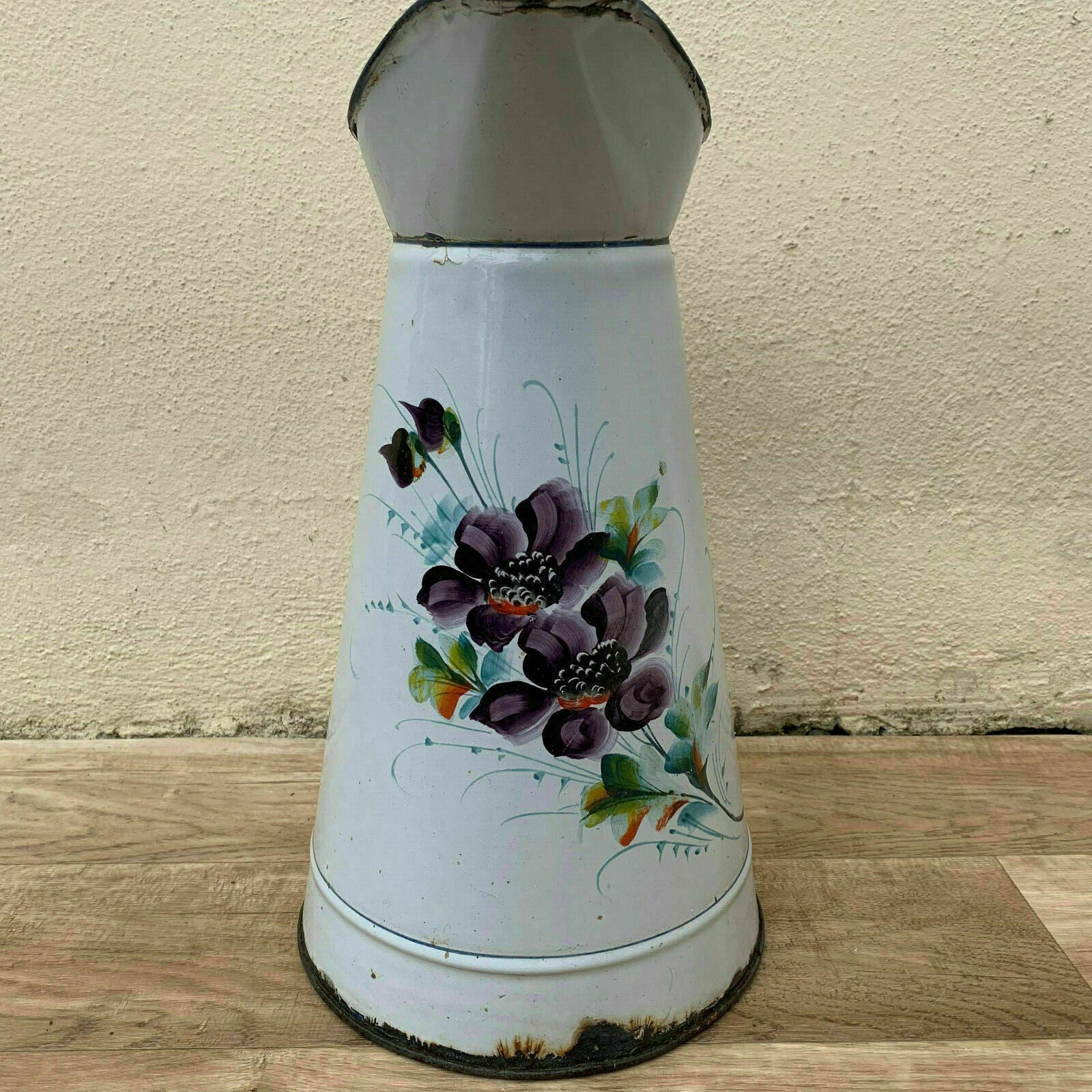 Antique French Enamelware Pitcher Purple Floral White Water Jug 0604194 Unbranded