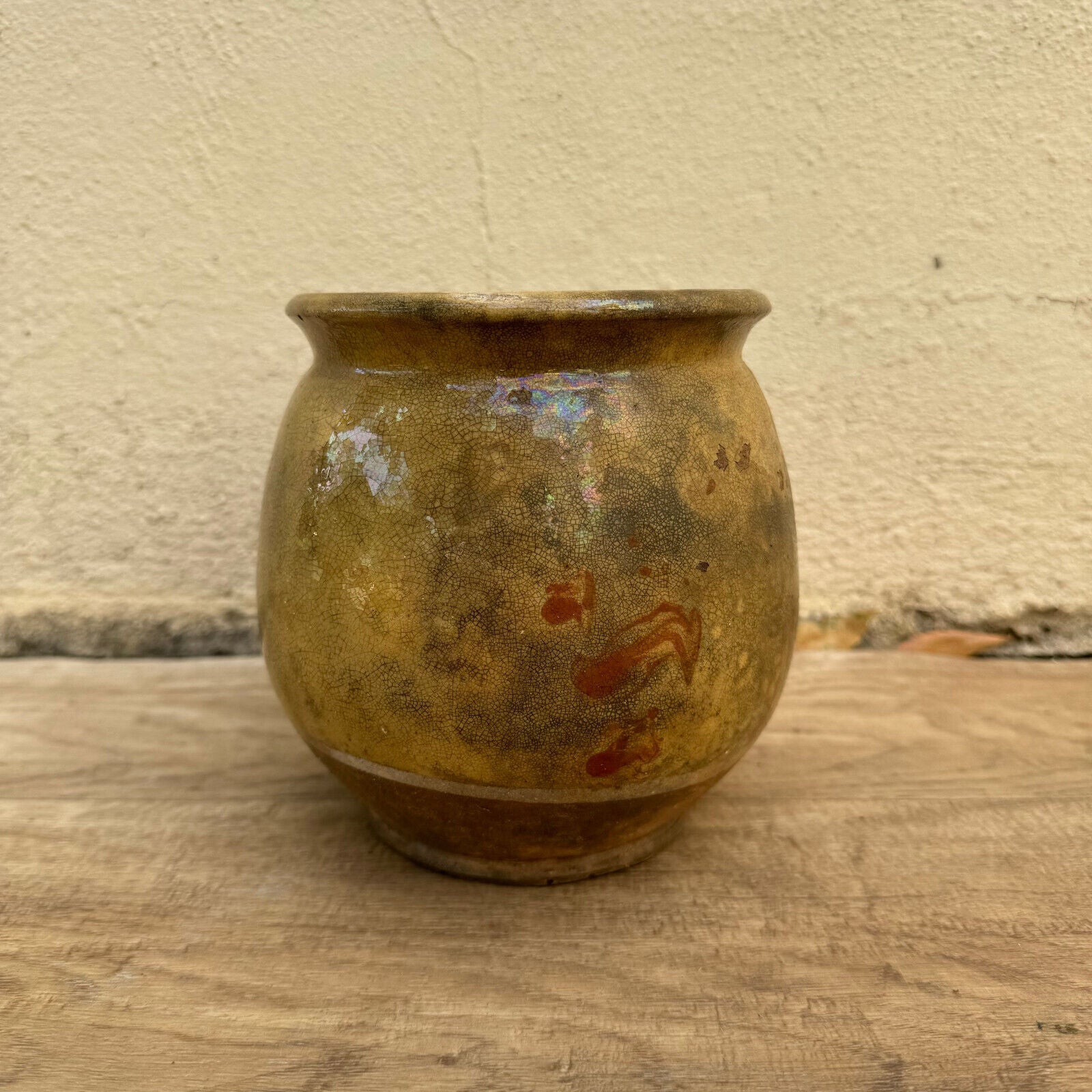 HANDMADE GLAZED YELLOW ANTIQUE FRENCH CONFIT POT SMALL TERRACOTTA 6" 3008242 - Fleamarketfrance