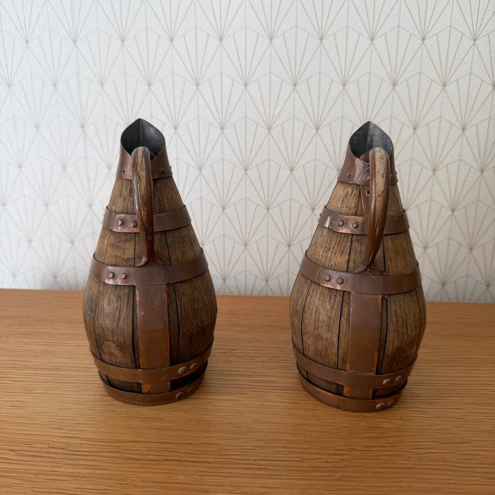 Antique French Wooden Wine Pitchers Staved Wood Metal Cider Jugs 0405261 Fleamarketfrance