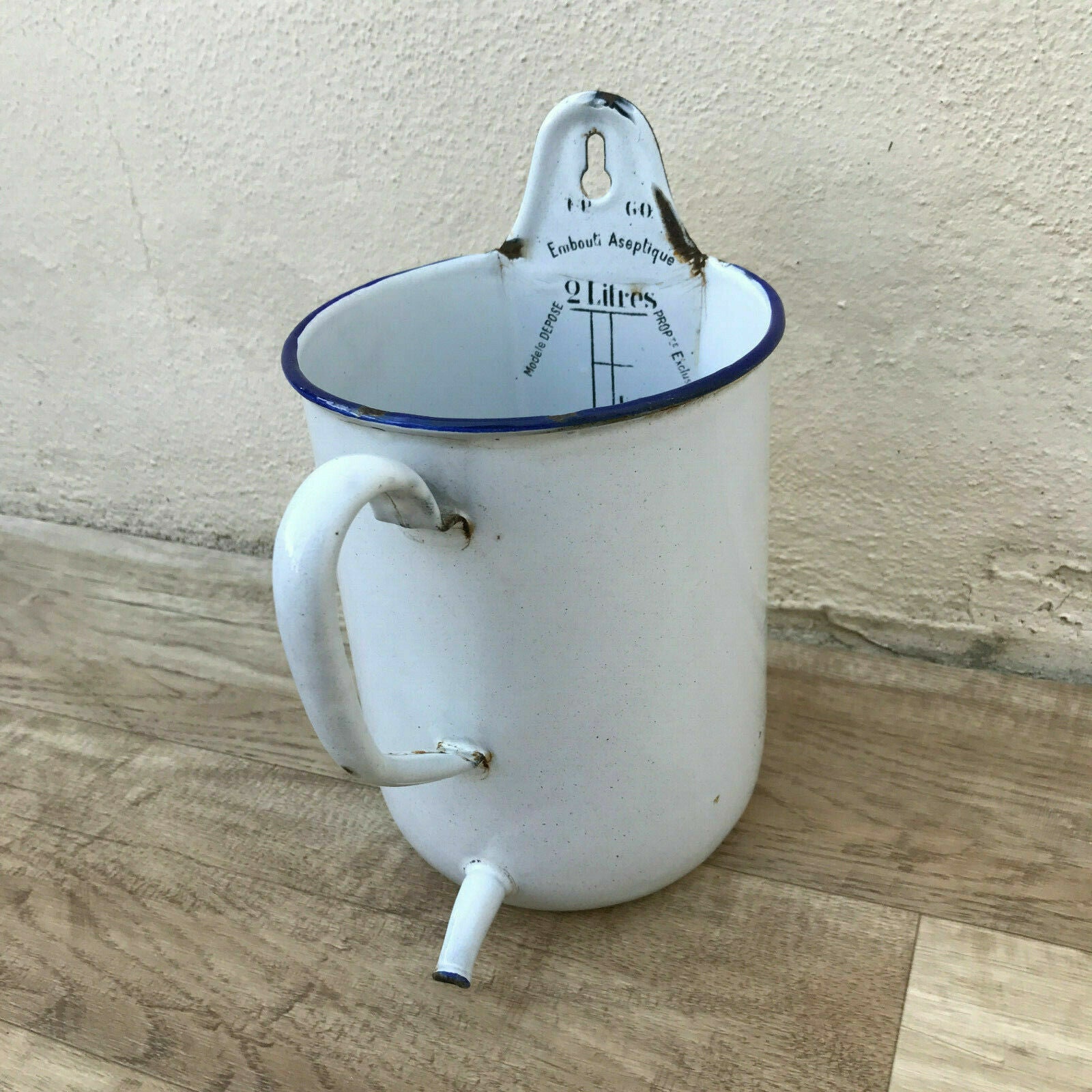 Vintage french enameled Enamelware IRRIGATOR DOUCHE garden white blue 0912193 - Fleamarketfrance