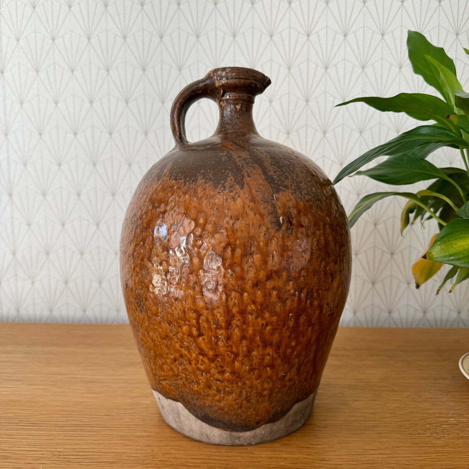 HANDMADE GLAZED BROWN ANTIQUE FRENCH STONEWARE JUG PITCHER 12 1/4" 15062413 - Fleamarketfrance