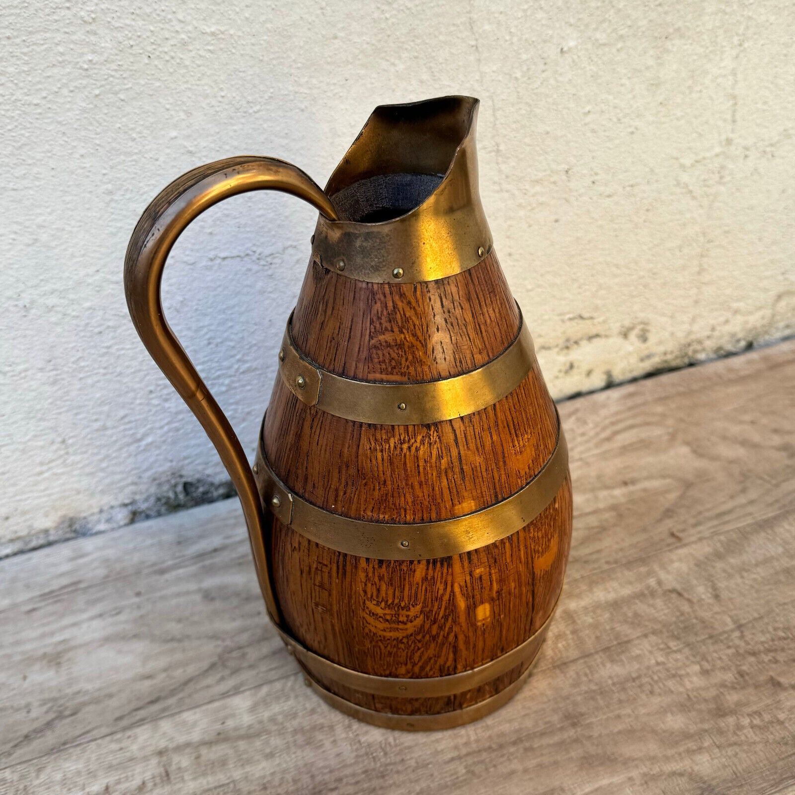 Vintage French Wooden Wine Cider Jug Pitcher Staved Wood Metal 9 3/4" 0405244 - Fleamarketfrance