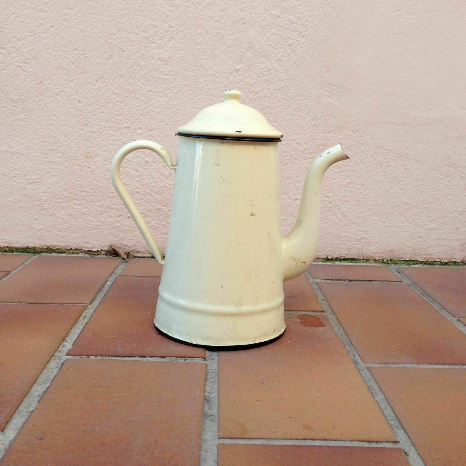 Vintage French Enamel Coffee Pot Yellow Enamelware Kitchen Antique 32cm Fleamarketfrance