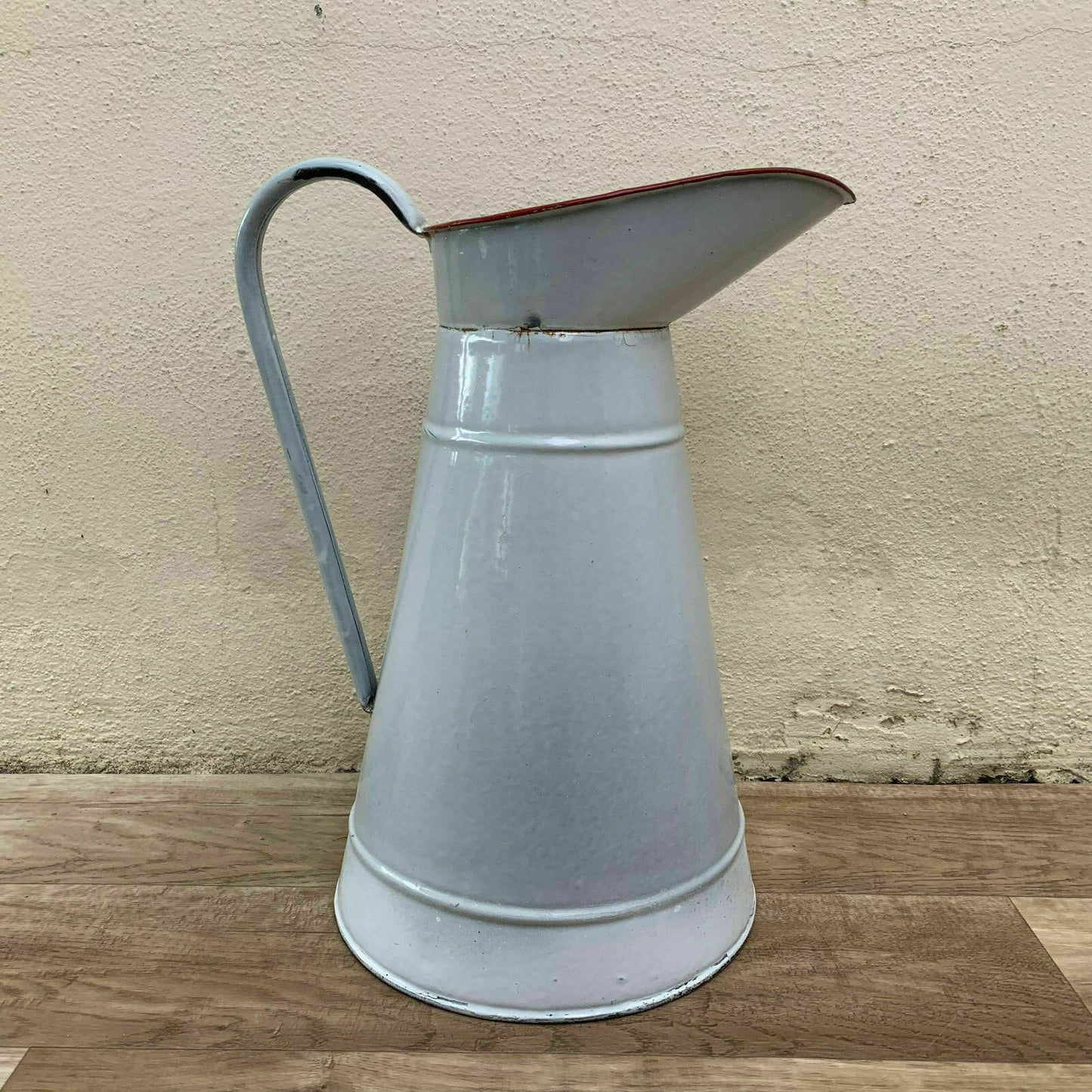 Vintage Belgian Enamelware Pitcher White Red Trim Water Jug 13.75" 28101813 Unbranded