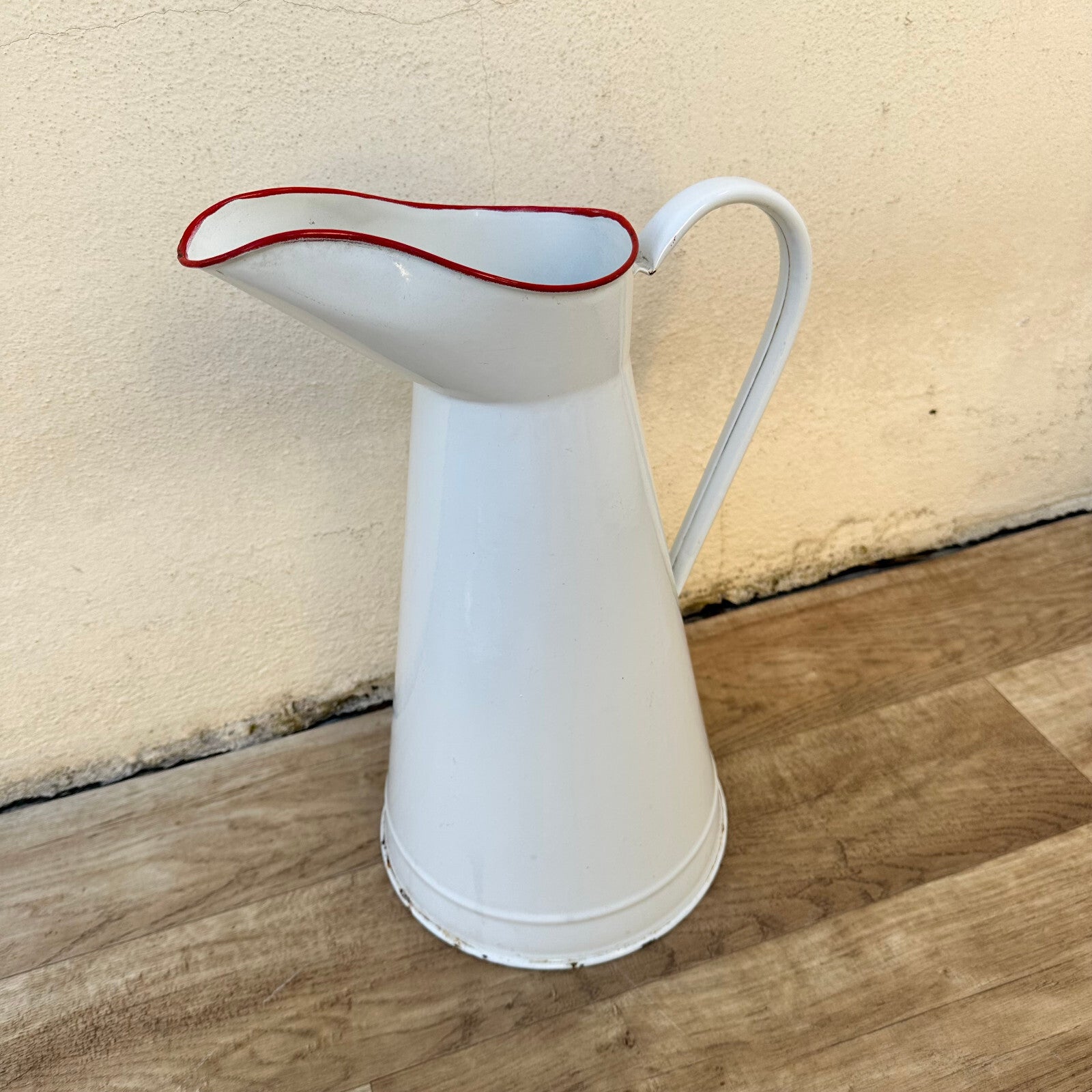 French Enamel Pitcher White Red Rim Vintage Water Jug Farmhouse 3011232 Fleamarketfrance