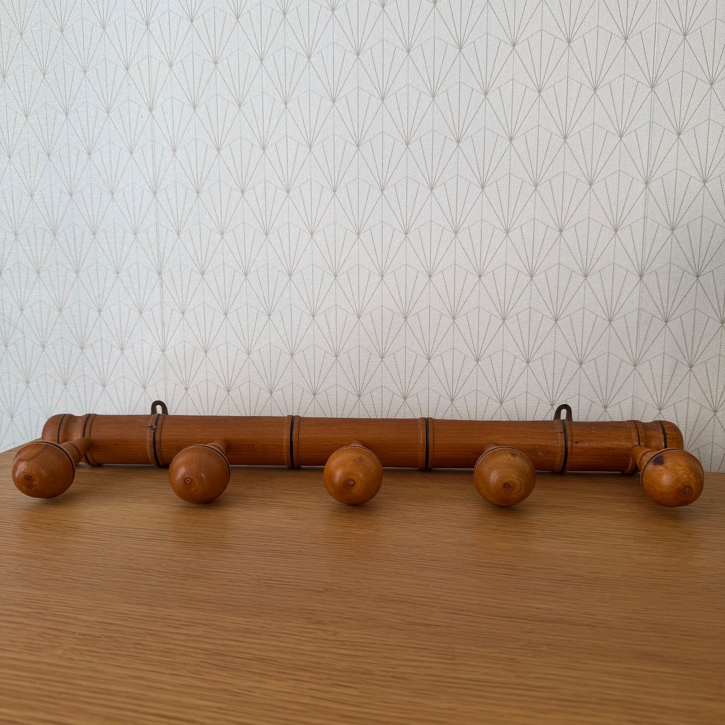 French Bamboo Coat Rack Vintage Wood Wall 5 Pegs Hook Hanger 1407269