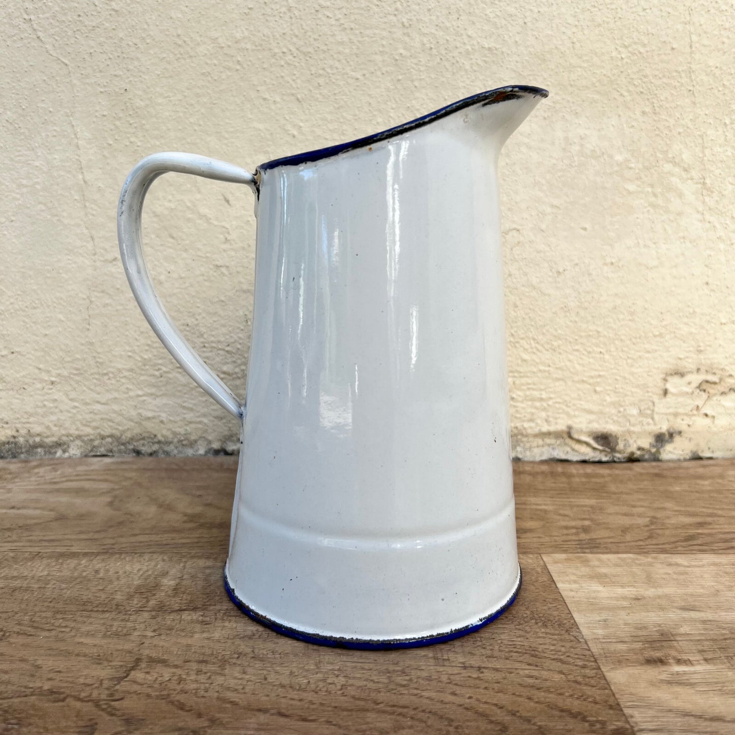French Enamelware Pitcher White Blue Rim Vintage Water Jug 1709221 Fleamarketfrance