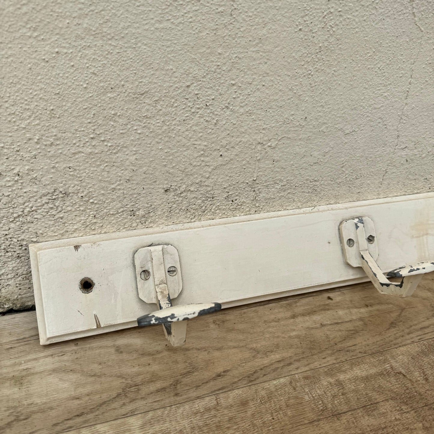 Vintage French Wall Coat Rack 3 Metal Hooks White Wood Base 1930s 0605244 Unbranded
