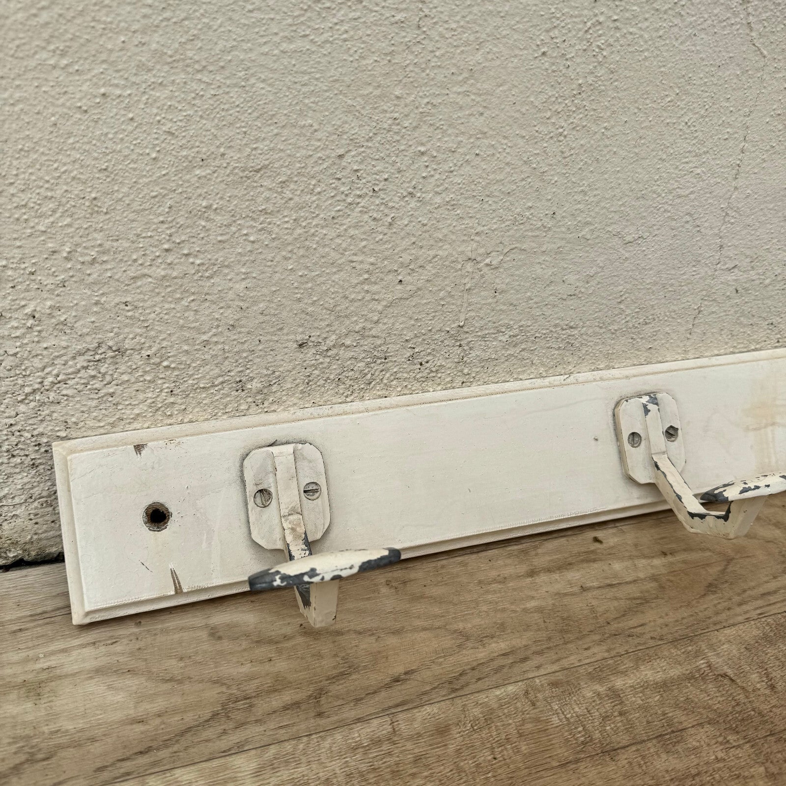 Vintage French Wall Coat Rack 3 Metal Hooks White Wood Base 1930s 0605244 Unbranded