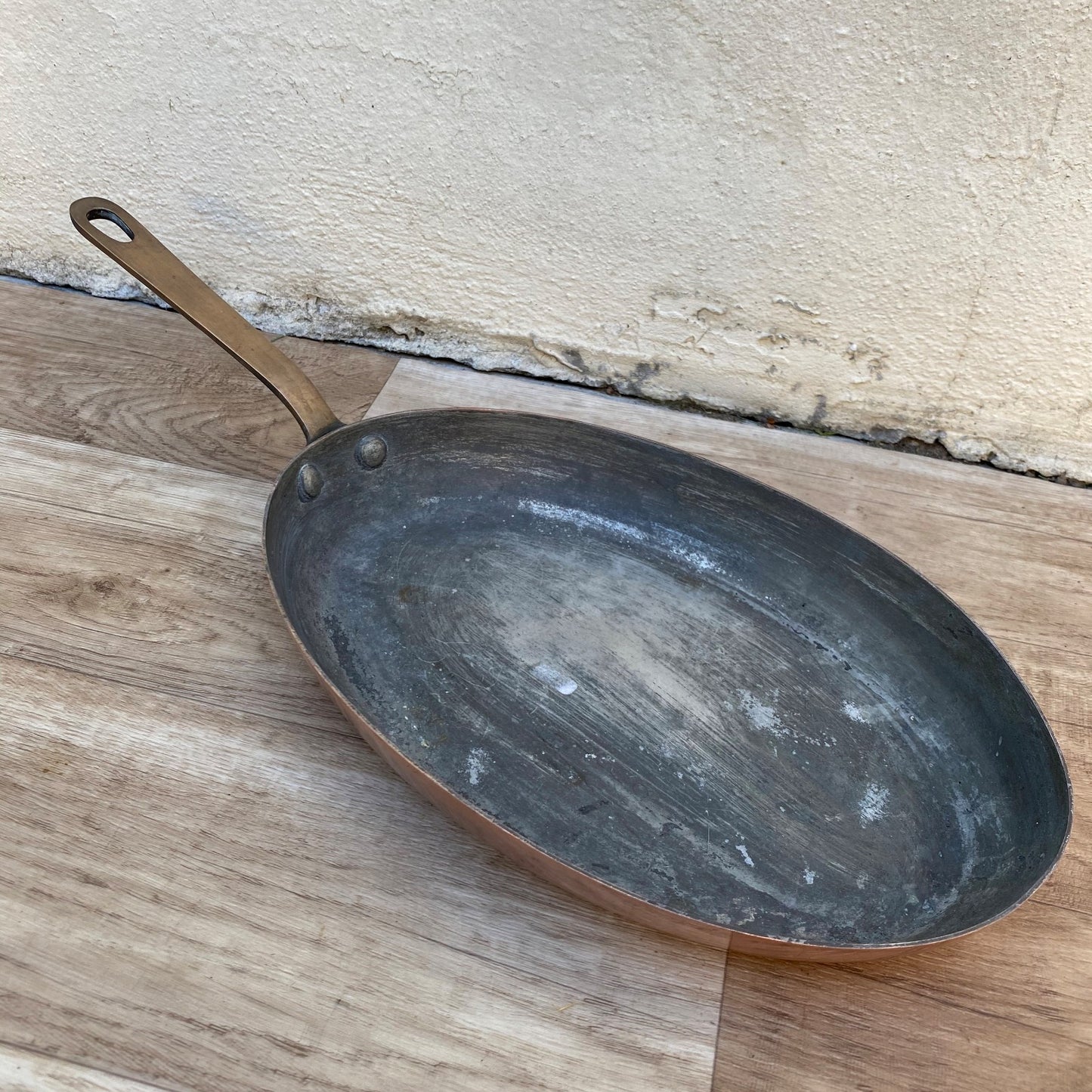 French Copper Oval Fish Pan Vintage Brass Handle Signed FRANCE 04072617 Unbranded