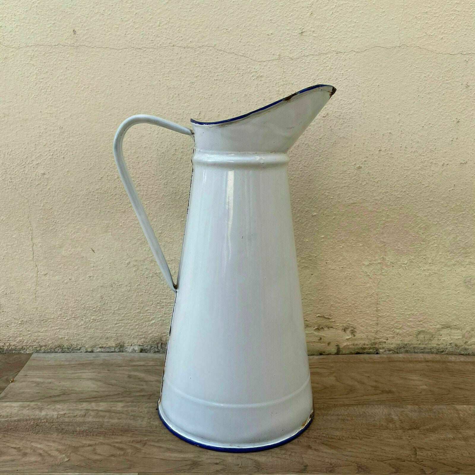 Vintage French Enamel Pitcher White Blue Rim Water Jug Farmhouse 18042125 Fleamarketfrance