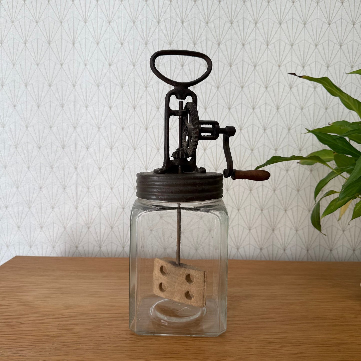 Original French Butter Churn Glass Jar Wood Paddle Good Condition 04092513