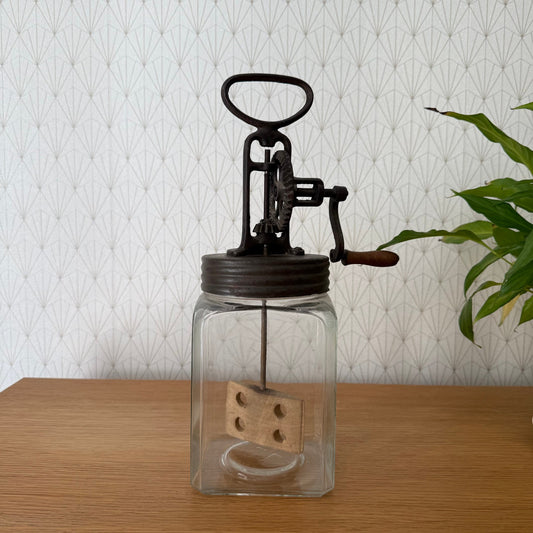 Original French Butter Churn Glass Jar Wood Paddle Good Condition 04092513