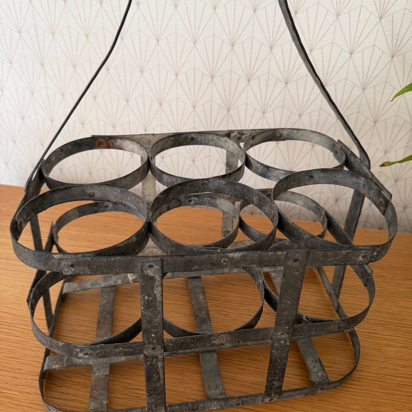 VINTAGE FRENCH Handmade Zinc Metalware 6 Bottle Wine Carrier Basket 08102512