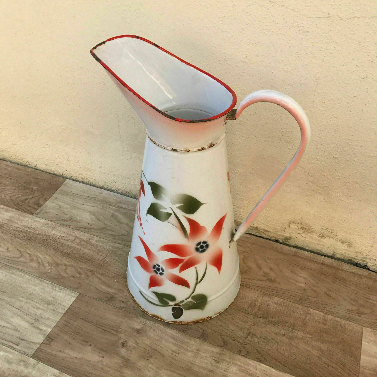 Vintage French Enamel pitcher jug water enameled white with flowers 2601182 - Fleamarketfrance