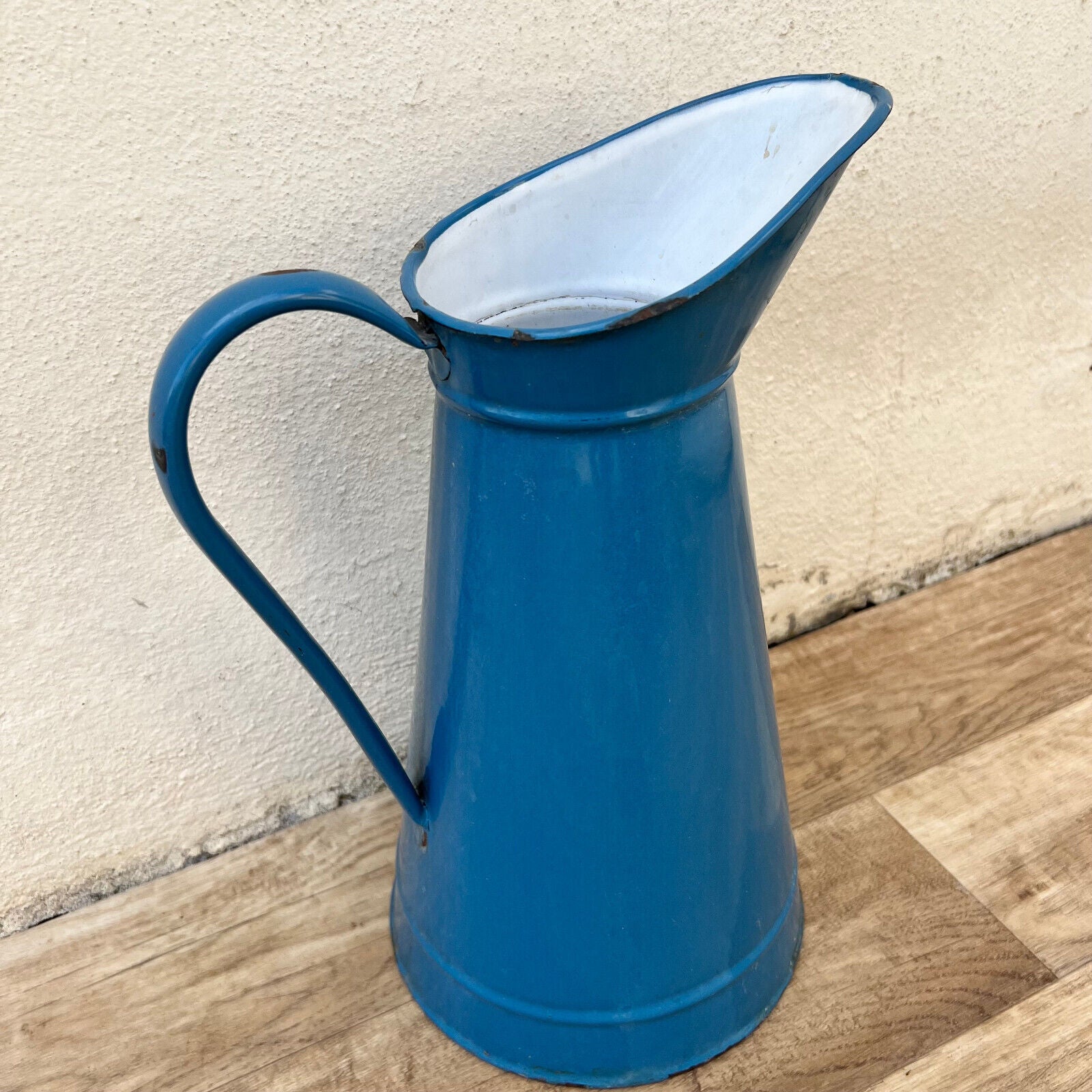 Vintage French Enamel pitcher jug water enameled blue 1512246 - Fleamarketfrance