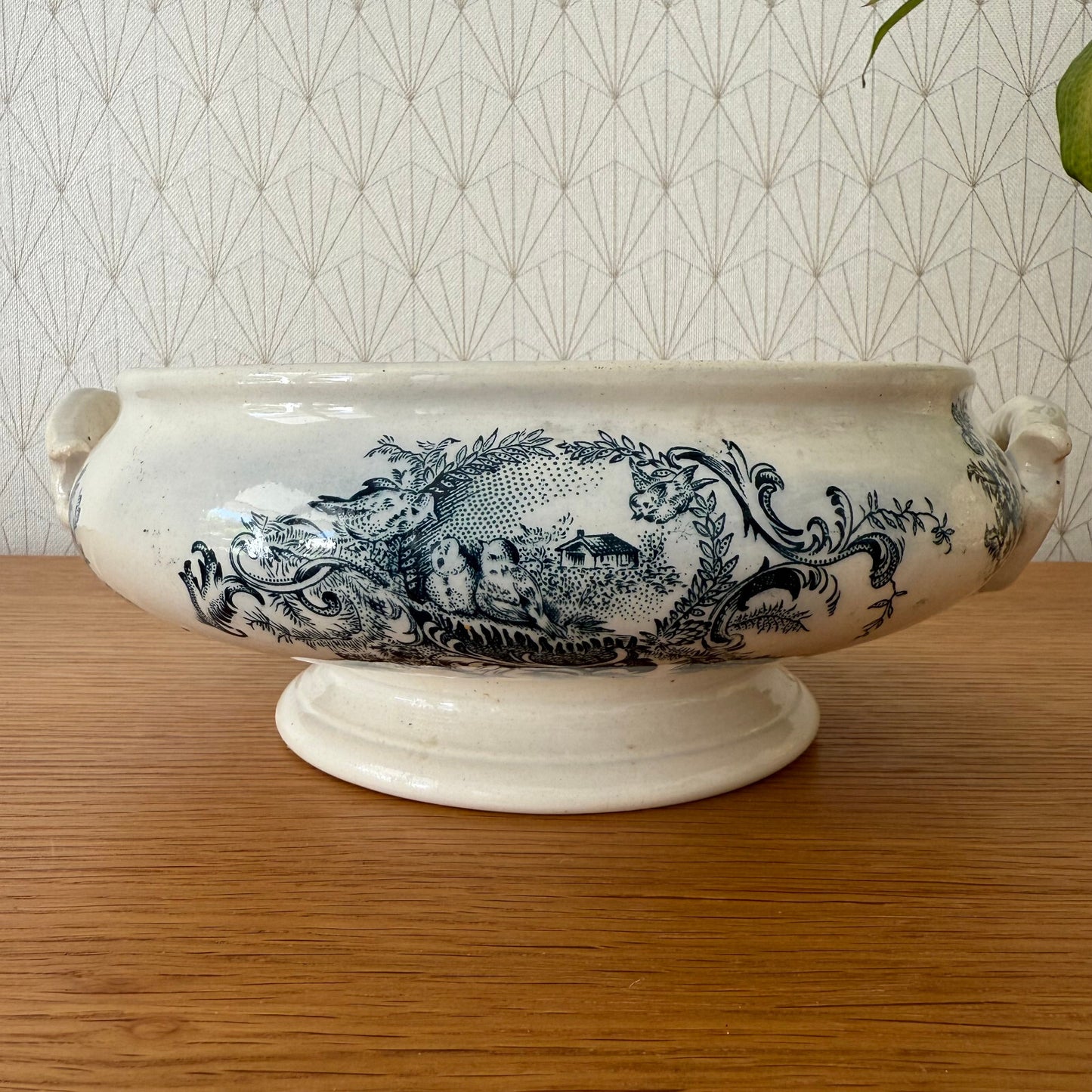 French Tureen Earthenware White Blue Fruits Bowl Terre De Fer Brigny 0405254