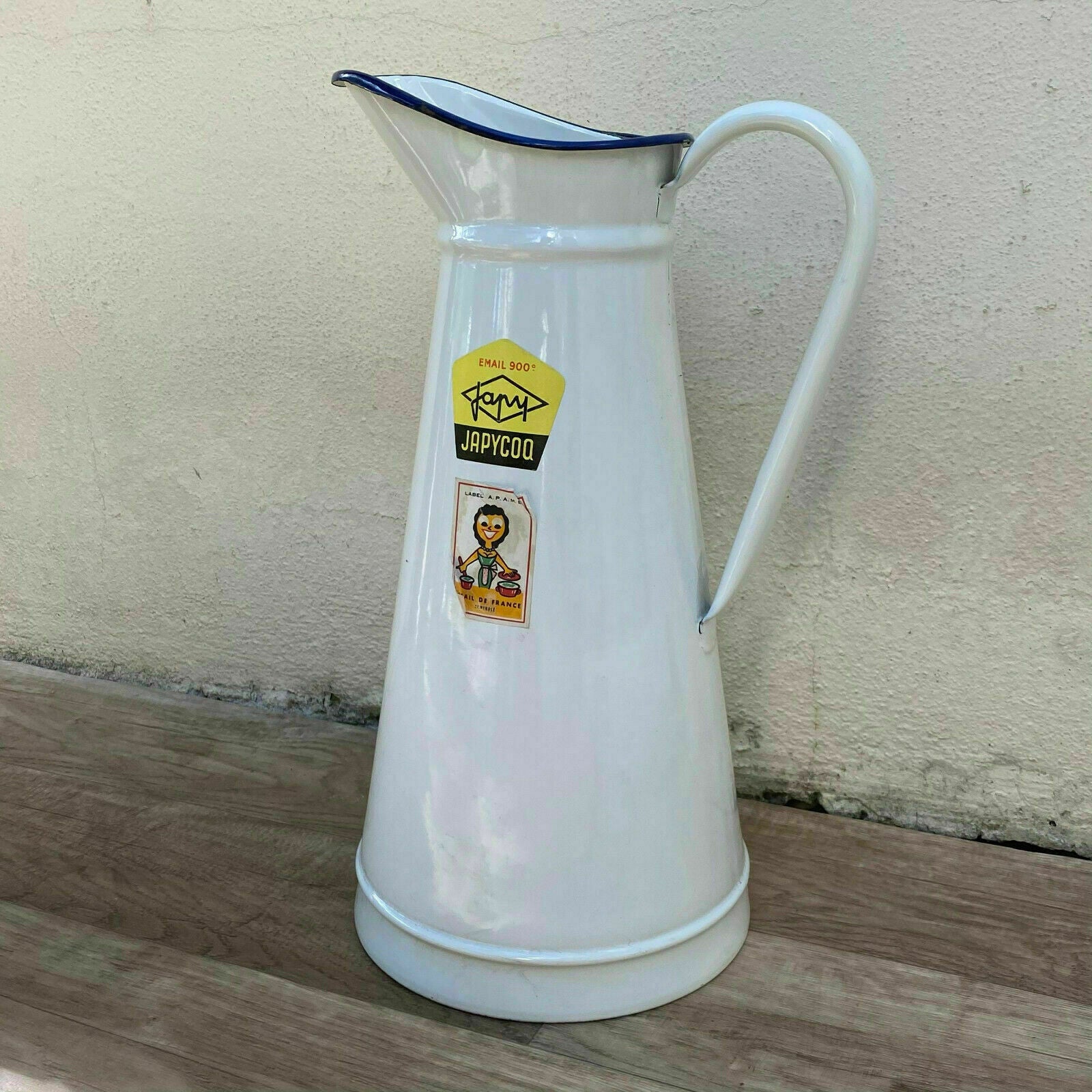 Vintage French Enamel pitcher jug water enameled white with tags JAPY 2808211 - Fleamarketfrance