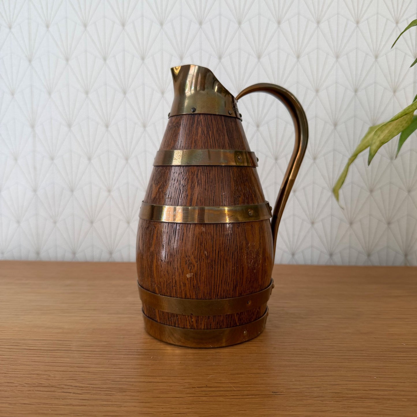Antique French Oak Brass Wine Pitcher Staved Wood Cider Jug 1407261