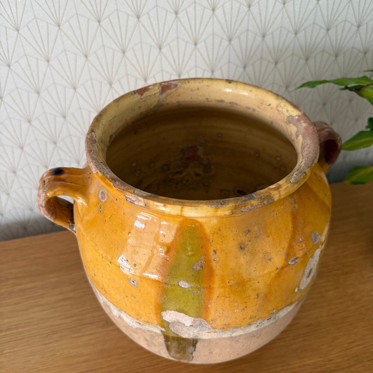 RARE BIG HANDMADE GLAZED YELLOW ANTIQUE FRENCH CONFIT POT TERRACOTTA 2302257 - Fleamarketfrance