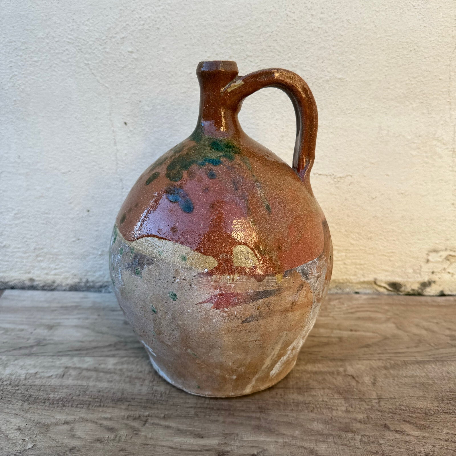 French Pottery Jug Vintage Terracotta Ceramic Pitcher Handle 24102310 Unmarked