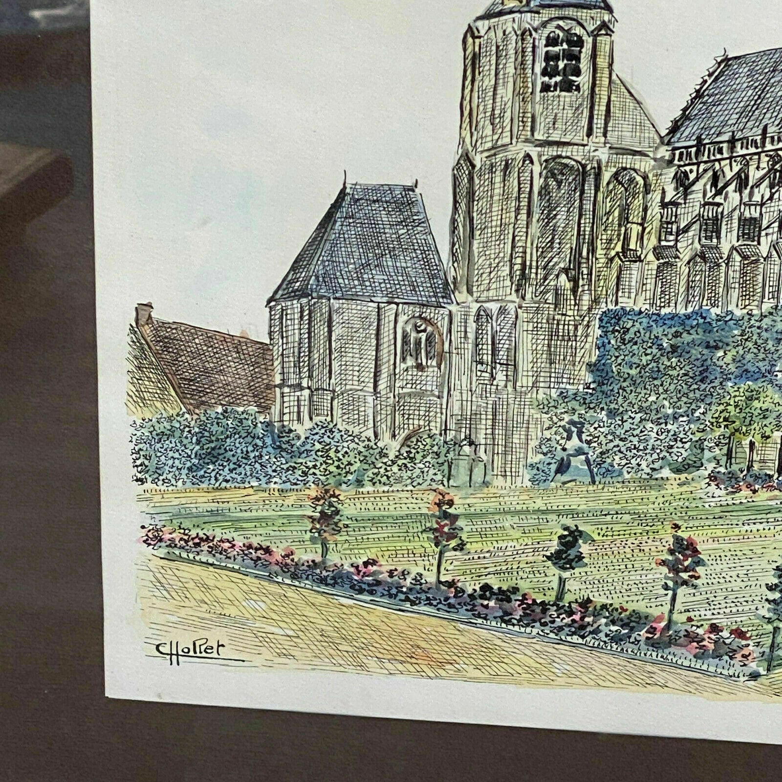 Vintage French Cathedral Watercolor Painting Signed Church Art 31102120 Fleamarketfrance