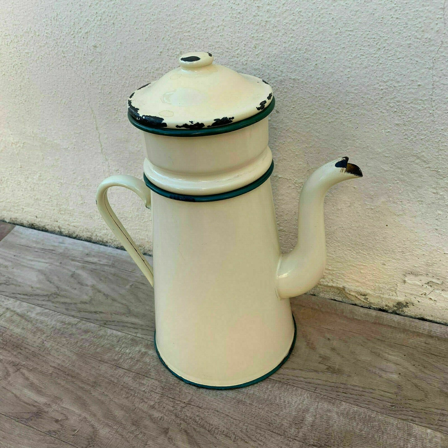 French Enamel Coffee Pot White Green Trim Vintage Enamelware 09041920 Fleamarketfrance