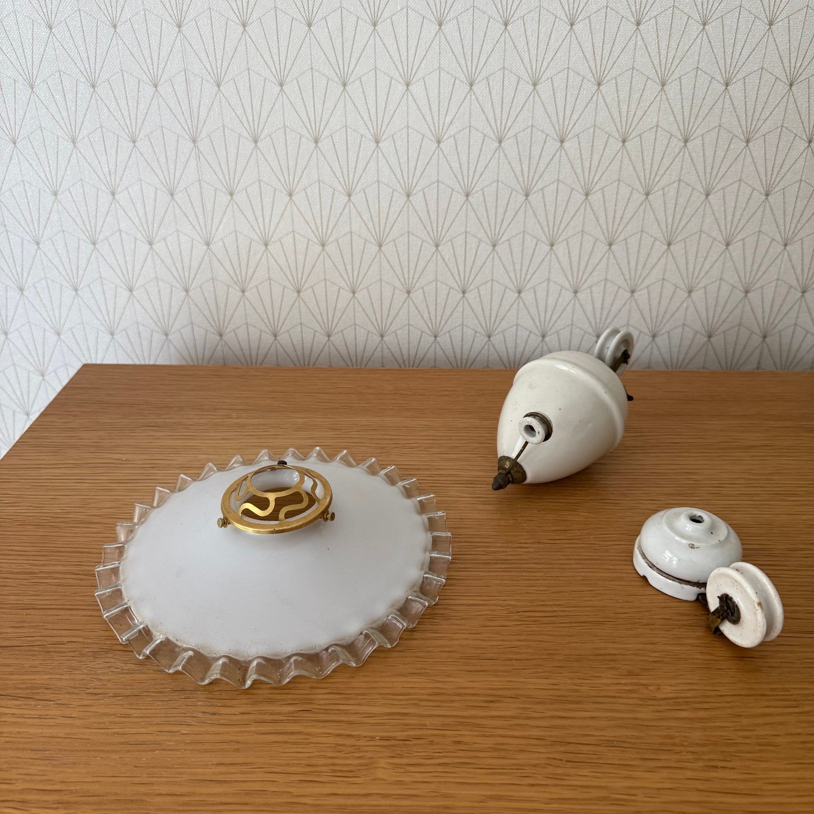 French Art Deco Pendant Light Opaline Glass Porcelain Vintage 2708252 Unbranded