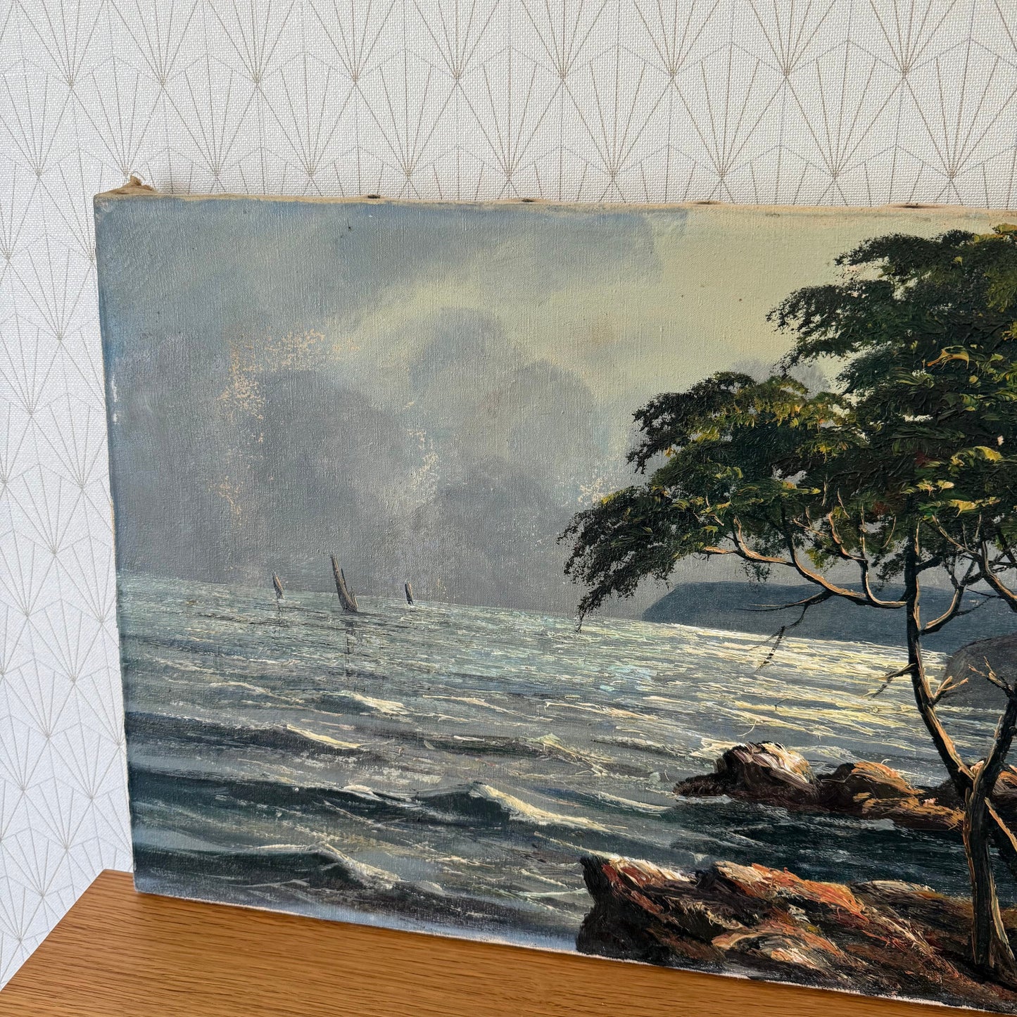 French Coastal Painting Vintage Seaside Landscape Signed Castagna 1206252 Does Not Apply
