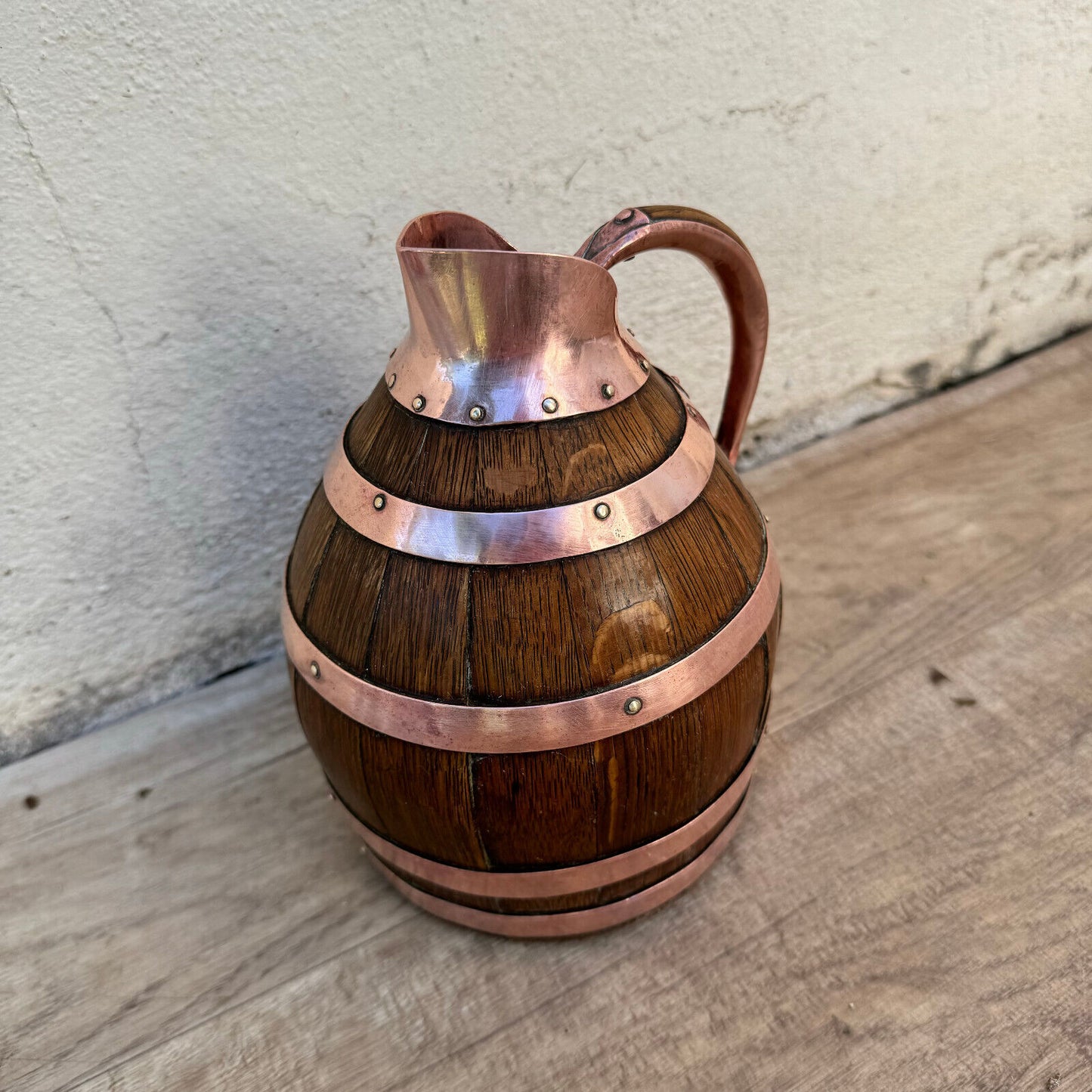 Vintage French Wooden Wine Cider Jug Pitcher Staved Wood Metal 7" 12062418 - Fleamarketfrance