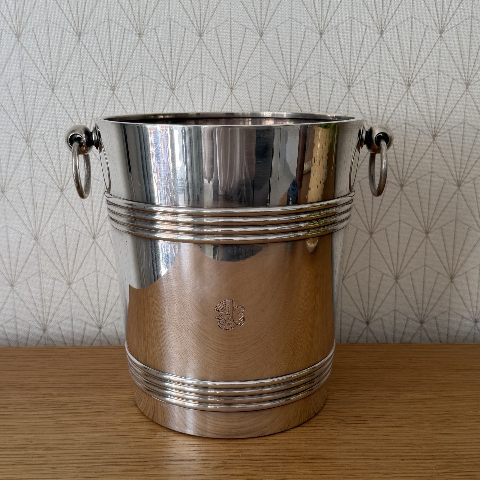 Vintage Christofle silverplate champagne bucket with ring handles and polished mirror finish