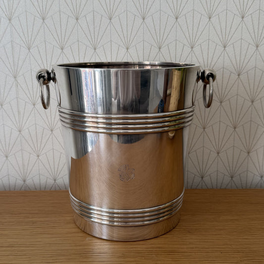 Vintage Christofle silverplate champagne bucket with ring handles and polished mirror finish