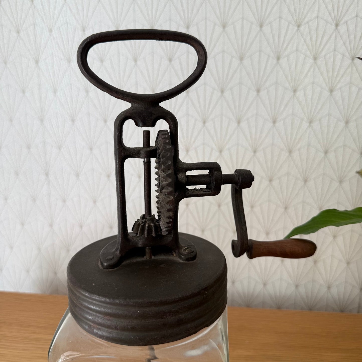 Original French Butter Churn Glass Jar Wood Paddle Good Condition 04092513