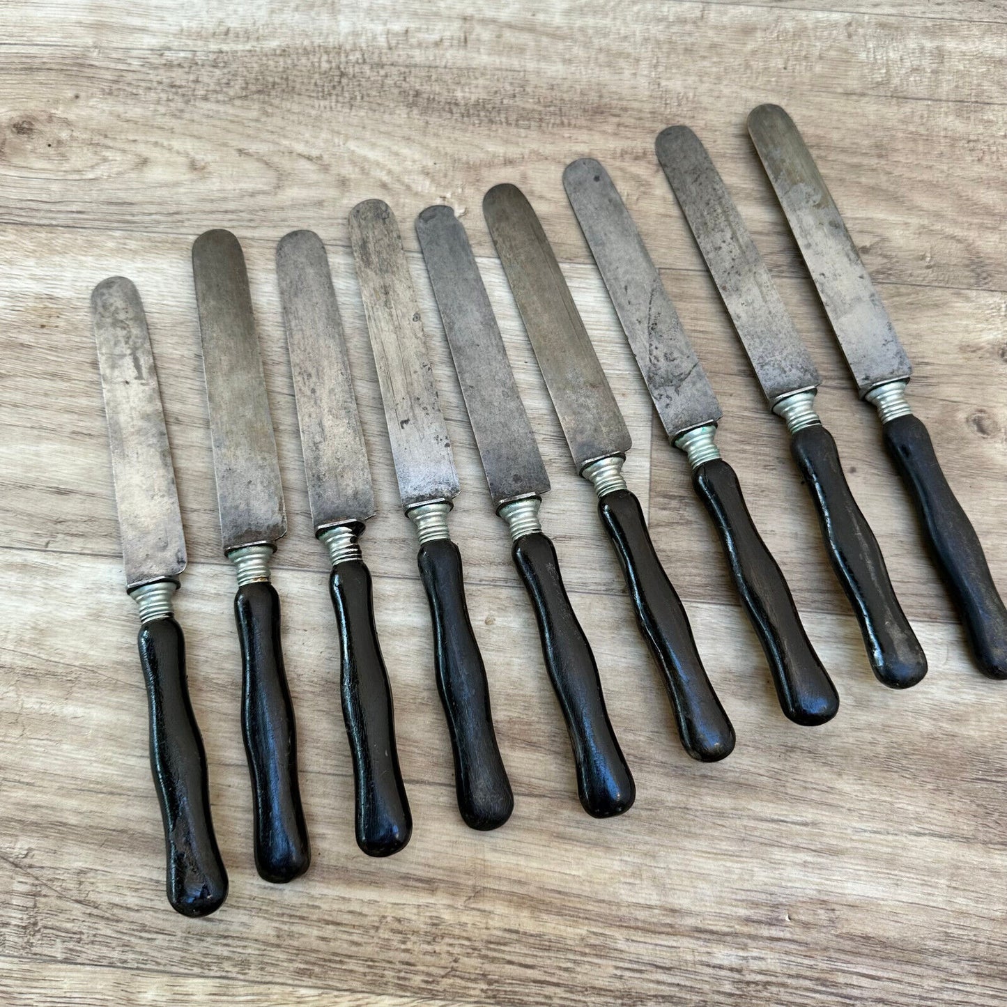 Antique French Dinner Knives Faux Ebony Horn Handles Silver Collar 12pcs 2608234 - Fleamarketfrance