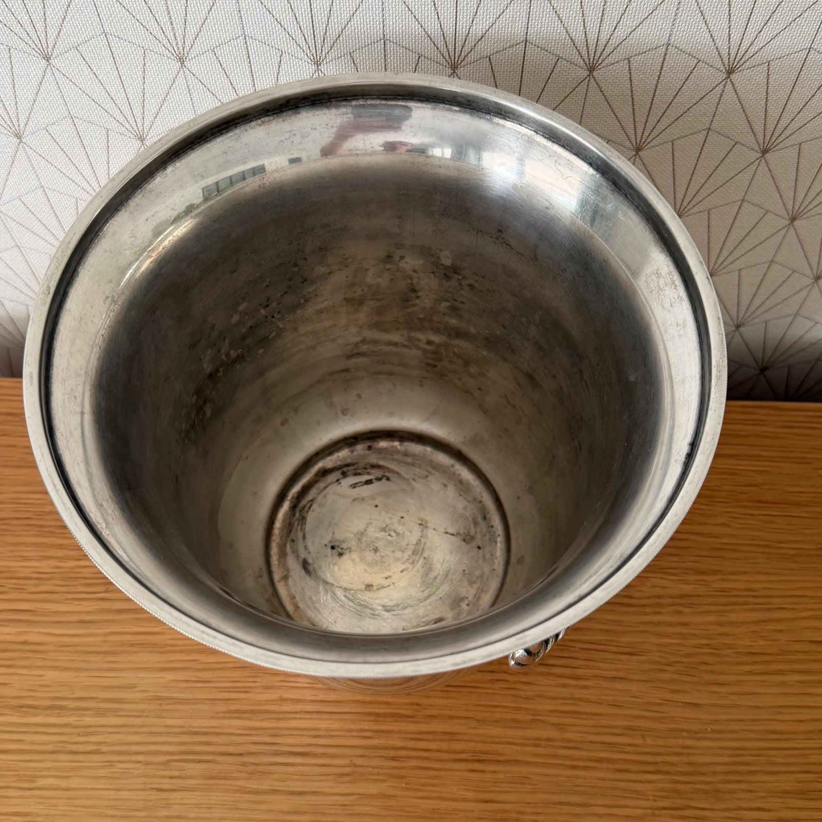 Interior view of French silverplate champagne bucket showing depth and condition