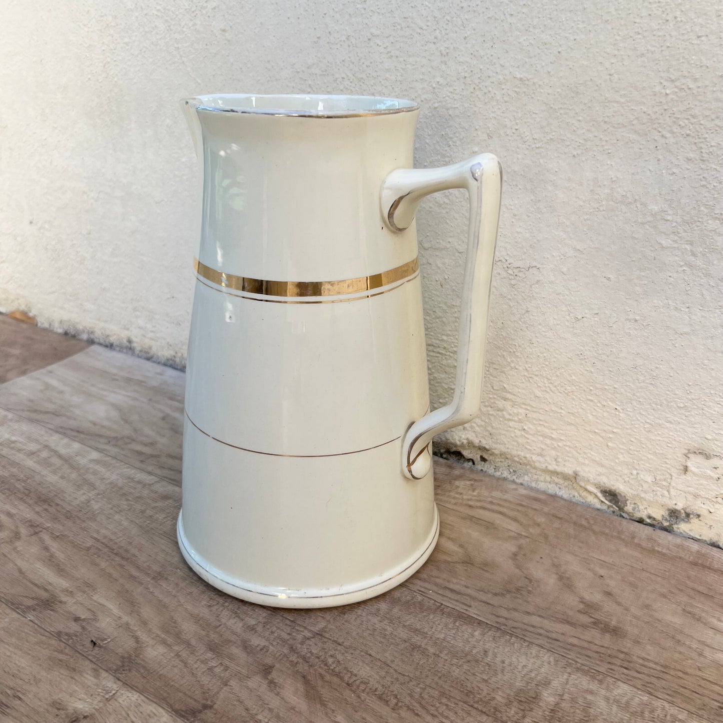 French Enamel Pitcher White Gold St Amand Hamage Water Jug 06102411 Fleamarketfrance