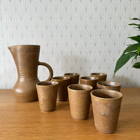 French Stoneware Pitcher Set Digoin Pottery 8 Cups Vintage 08082410 Digoin