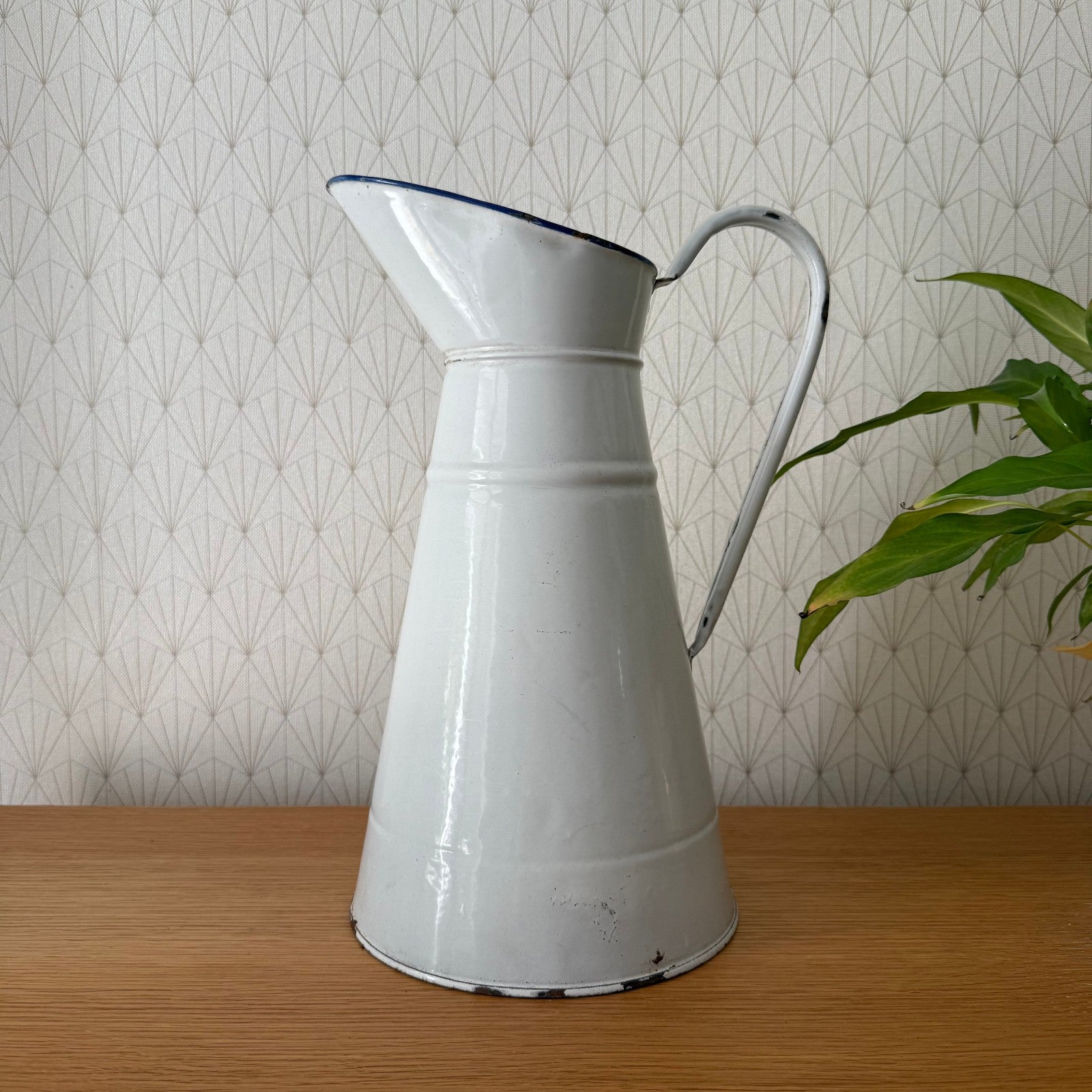 Antique French Enamel Pitcher White Blue Trim Water Jug Farmhouse 08072513 Fleamarketfrance