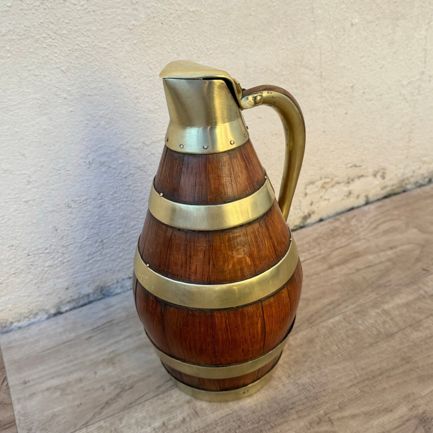 Vintage French Wooden Wine Cider Jug Pitcher Staved Wood Metal 9 1/4" 04052410 - Fleamarketfrance