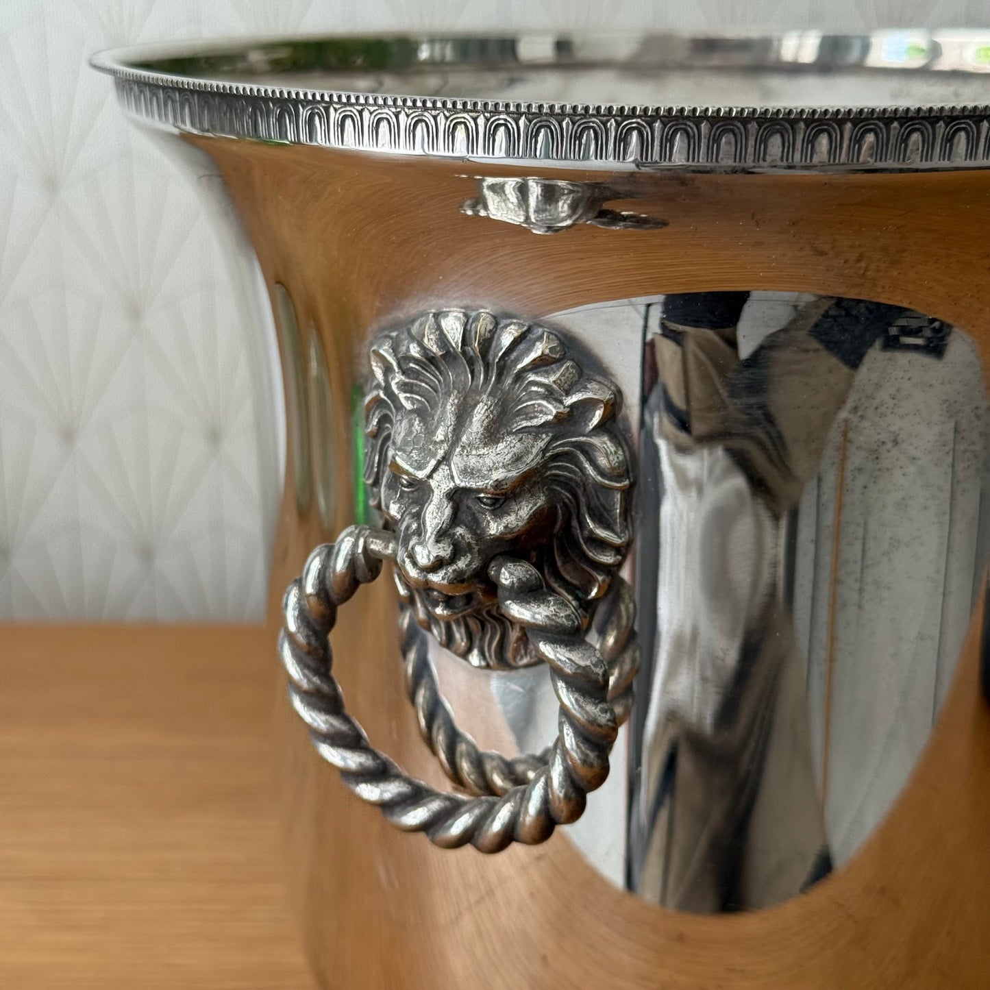 Vintage French Champagne Silverplate Ice Bucket Cooler Lion Head Handles 1907256