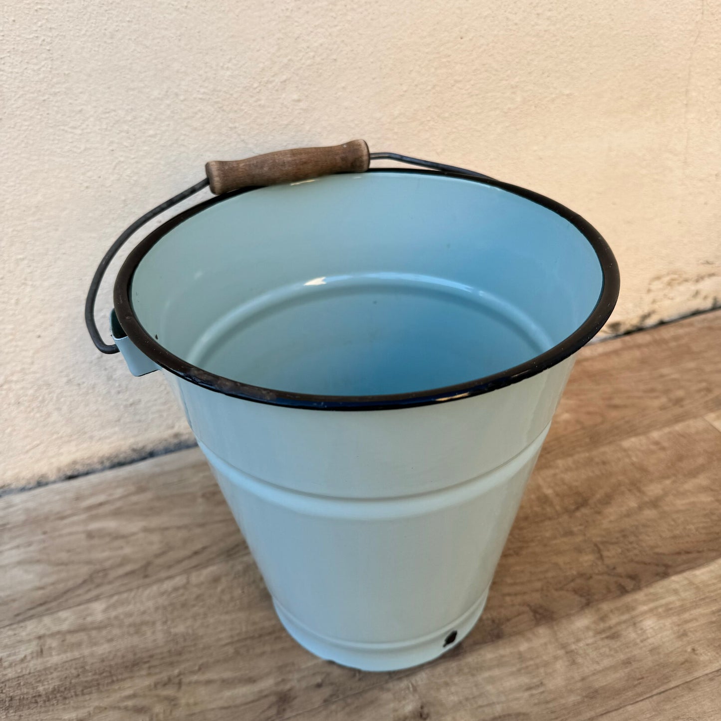 Vintage French Enamel Bucket Blue Water Pail Wood Handle 24cm 07082411 Fleamarketfrance