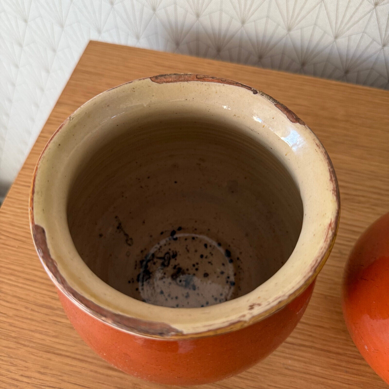 2 HANDMADE GLAZED RED YELLOW ANTIQUE 1850 FRENCH HONEY POTS TERRACOTTA 01122411 - Fleamarketfrance