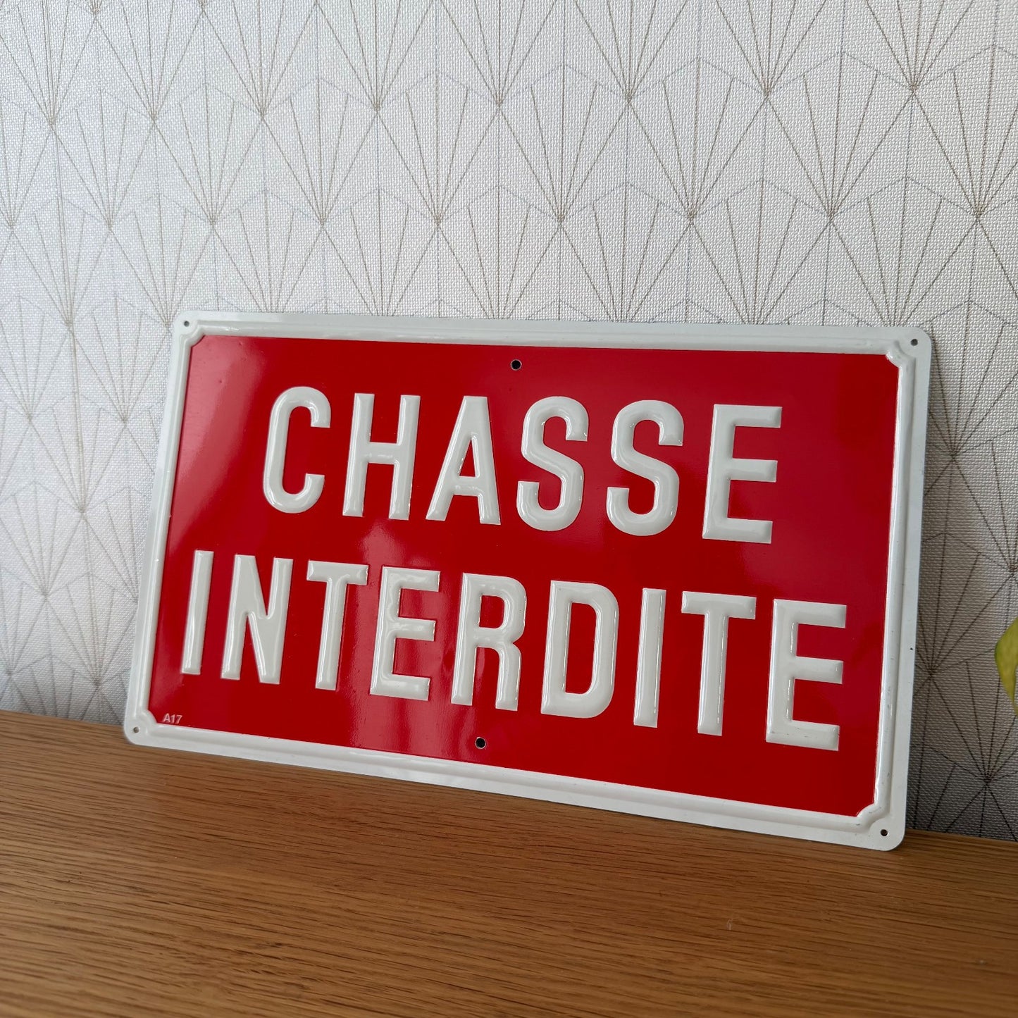 French Enamel Chasse Interdite Sign Red White Hunting Plaque 1407265