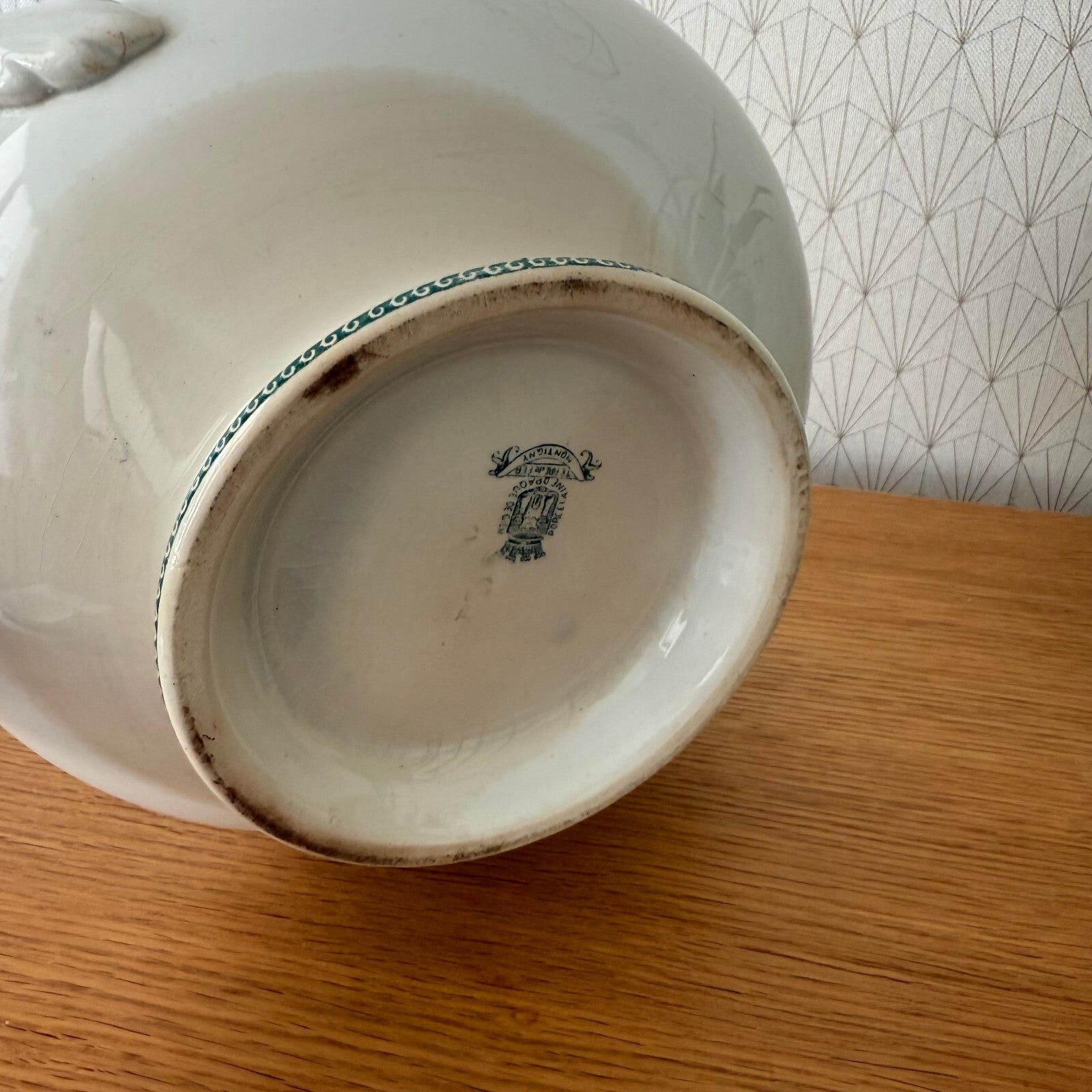 French Vintage Tureen Montigny Green White Earthenware Soup Bowl 0405252 Fleamarketfrance