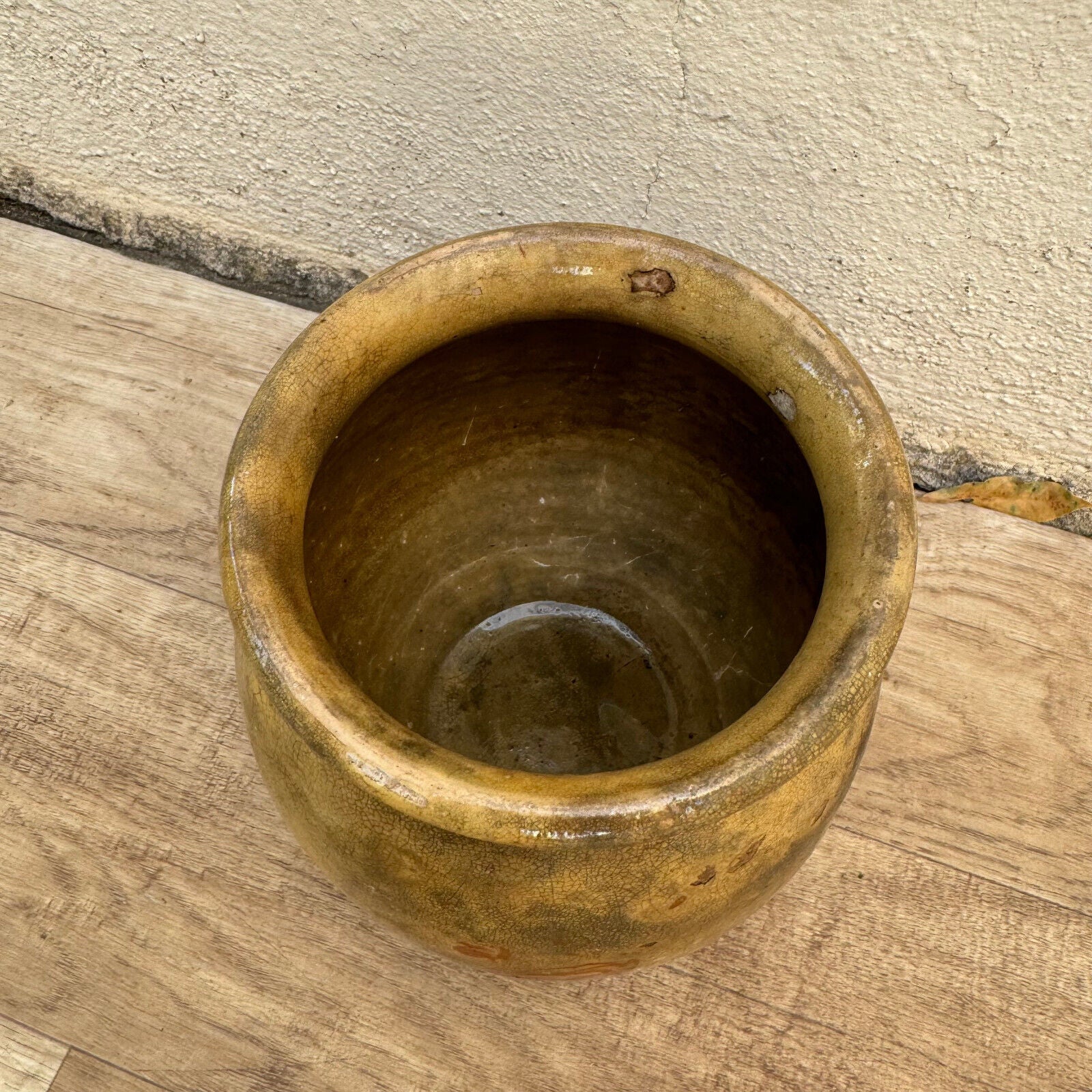 HANDMADE GLAZED YELLOW ANTIQUE FRENCH CONFIT POT SMALL TERRACOTTA 6" 3008242 - Fleamarketfrance