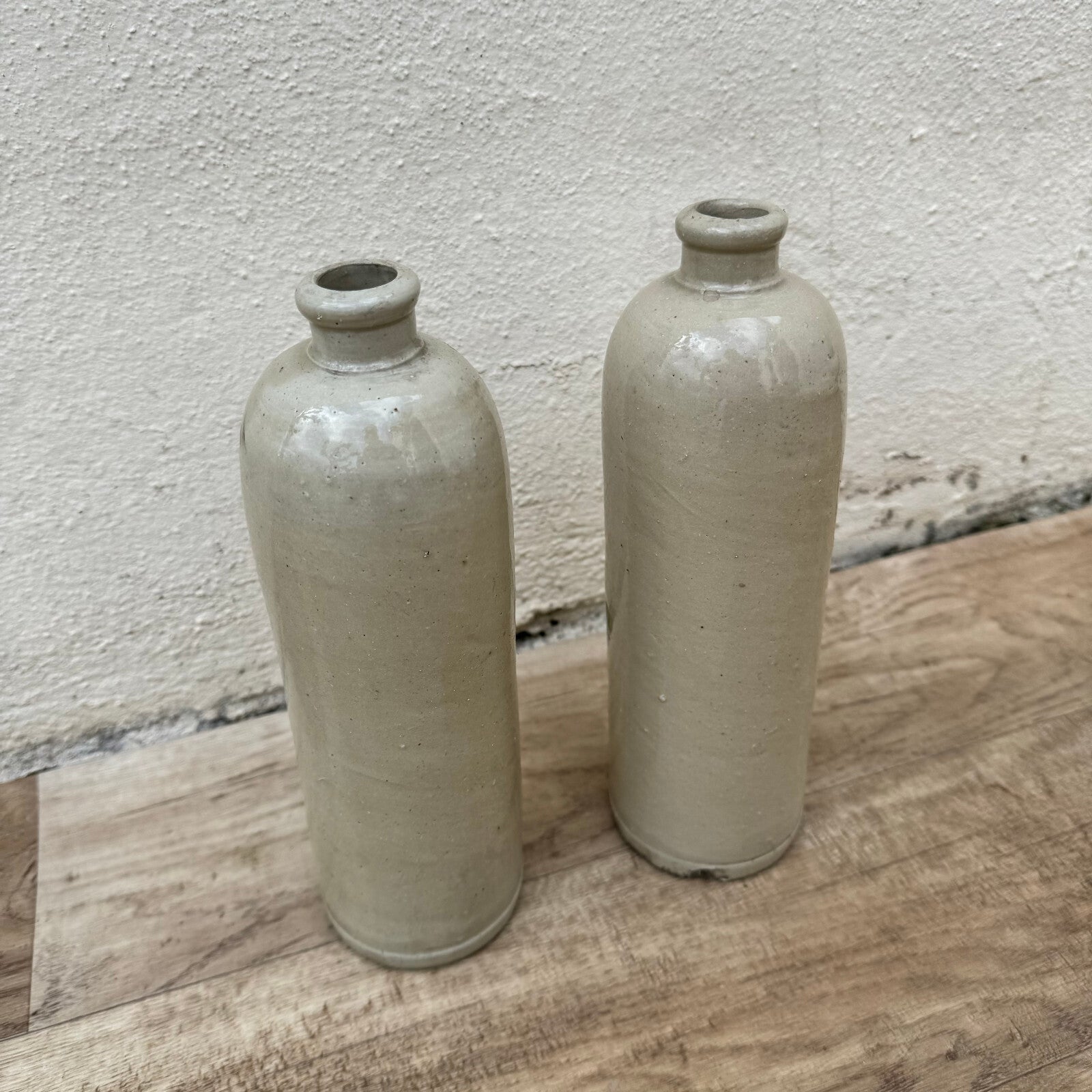 French Stoneware Bottles Vintage Ceramic Wine Jugs Pair Taupe Glaze 2904249 Unmarked